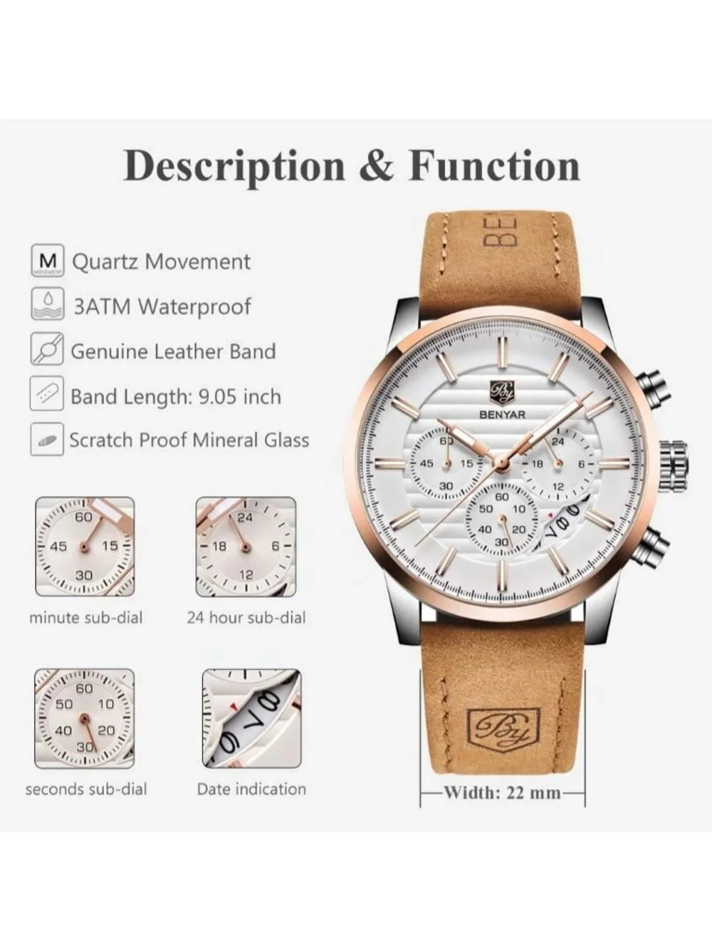 Mens Brown Silver Analog Quartz Leather Strap Chronograph Waterproof Wrist Watch